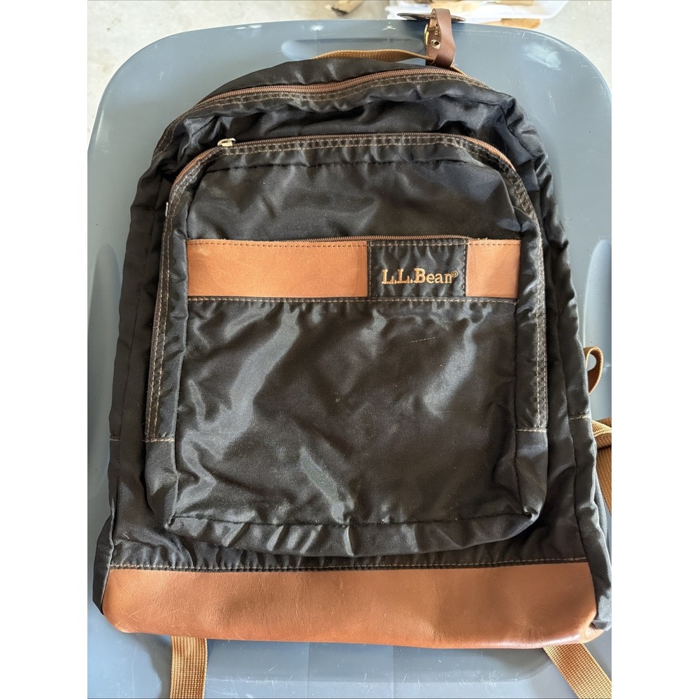 Vintage Black Nylon/brown Leather LL Bean Backpack 1990's
